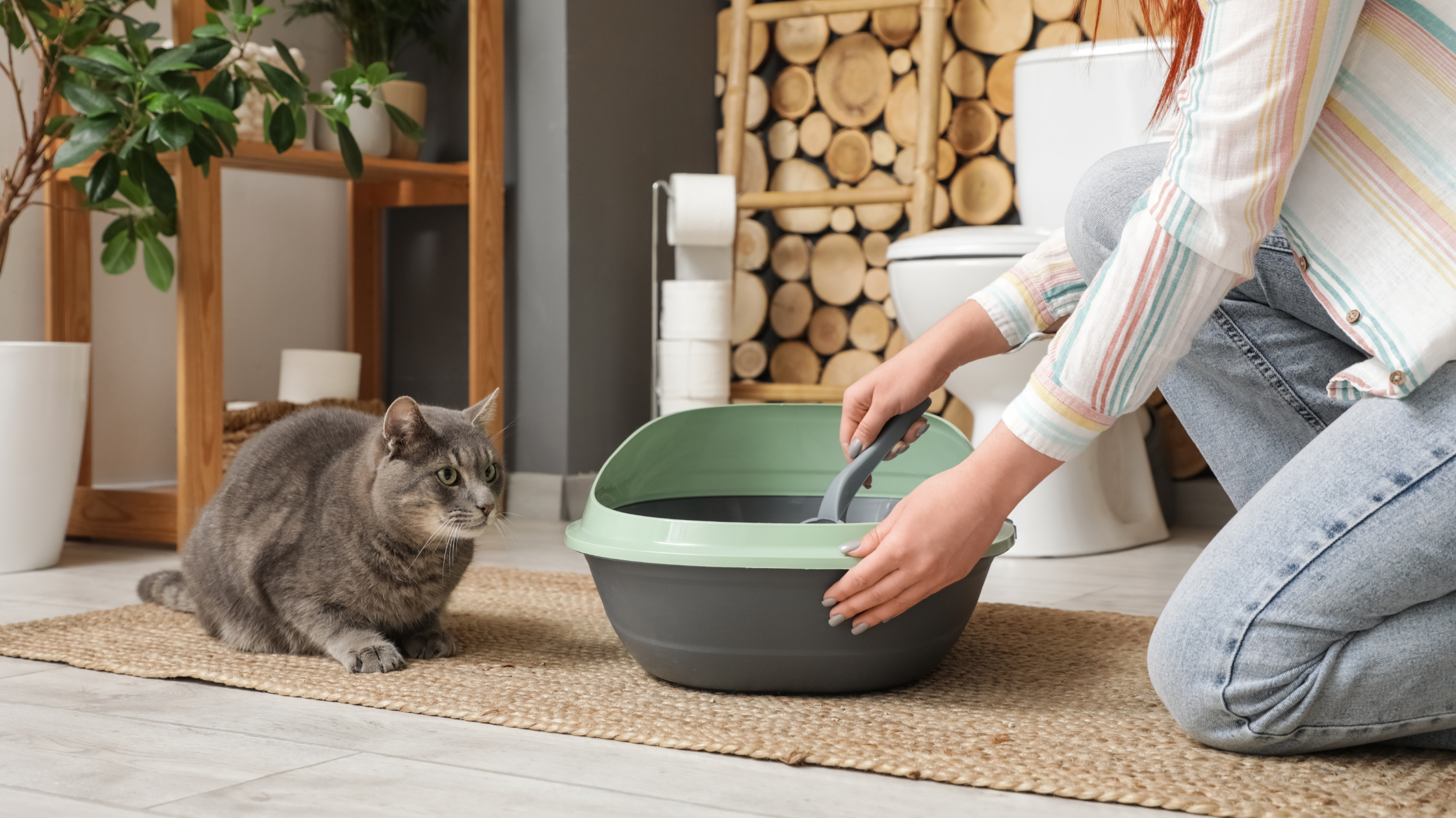 Smoky cat peeing outside litter box while woman shovels