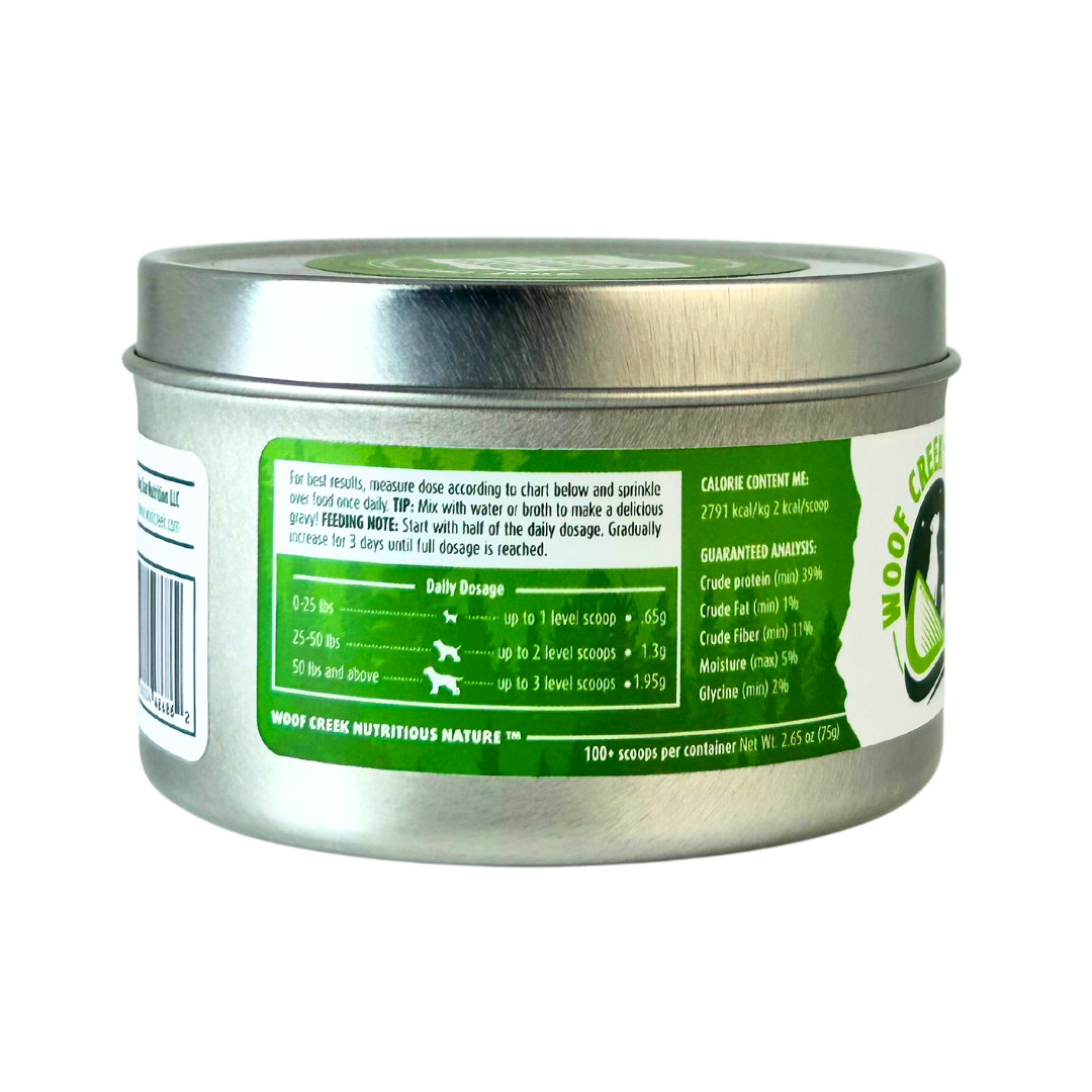 Metallic container with green label on a white background