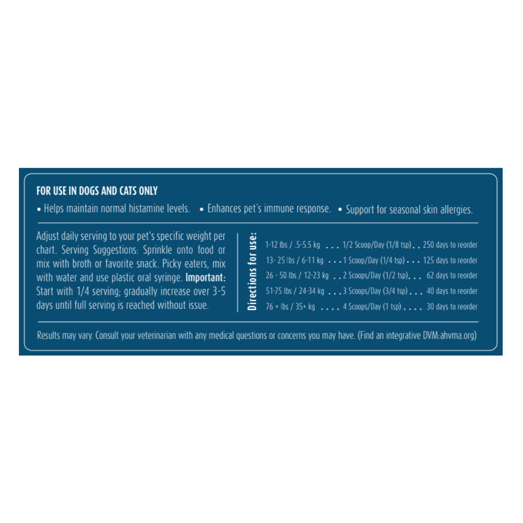 Product label for use in dogs and cats with text on a blue background