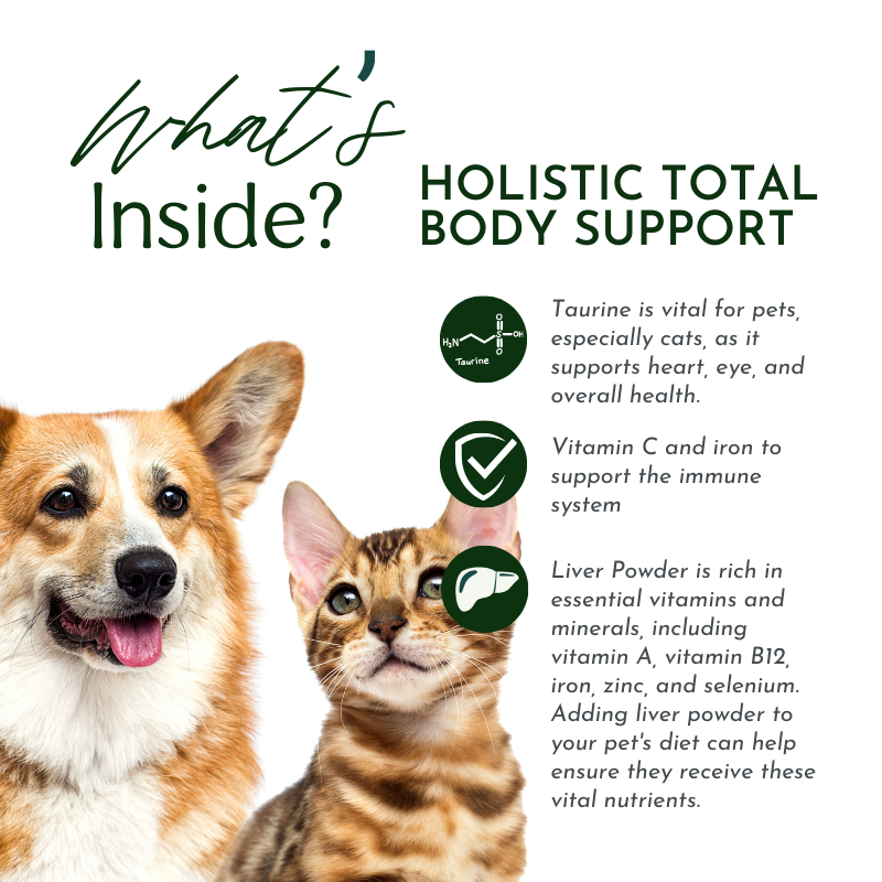 Product label with a dog and cat, highlighting holistic total body support with specific nutrients.