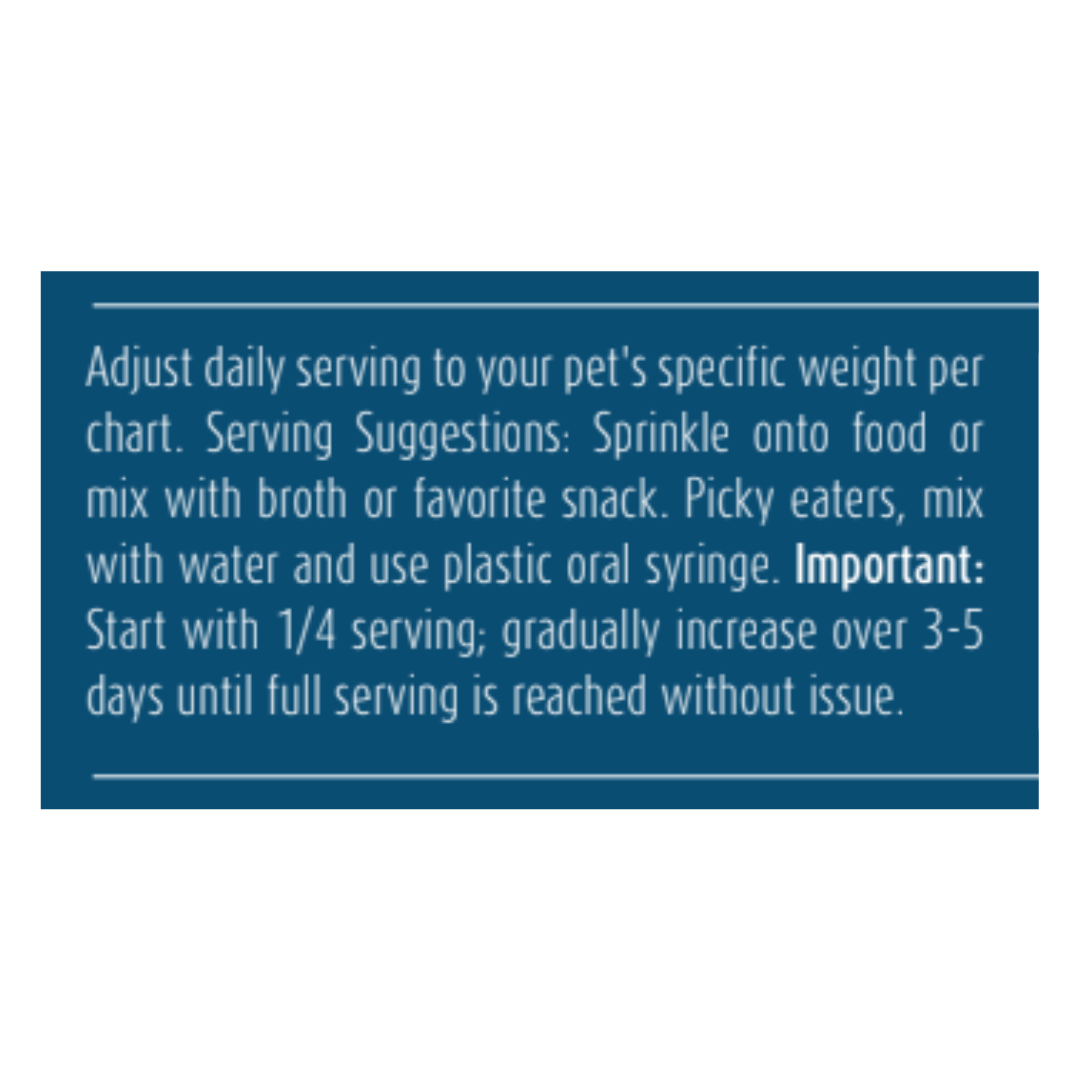 Text instructions for adjusting pet food servings on a blue background