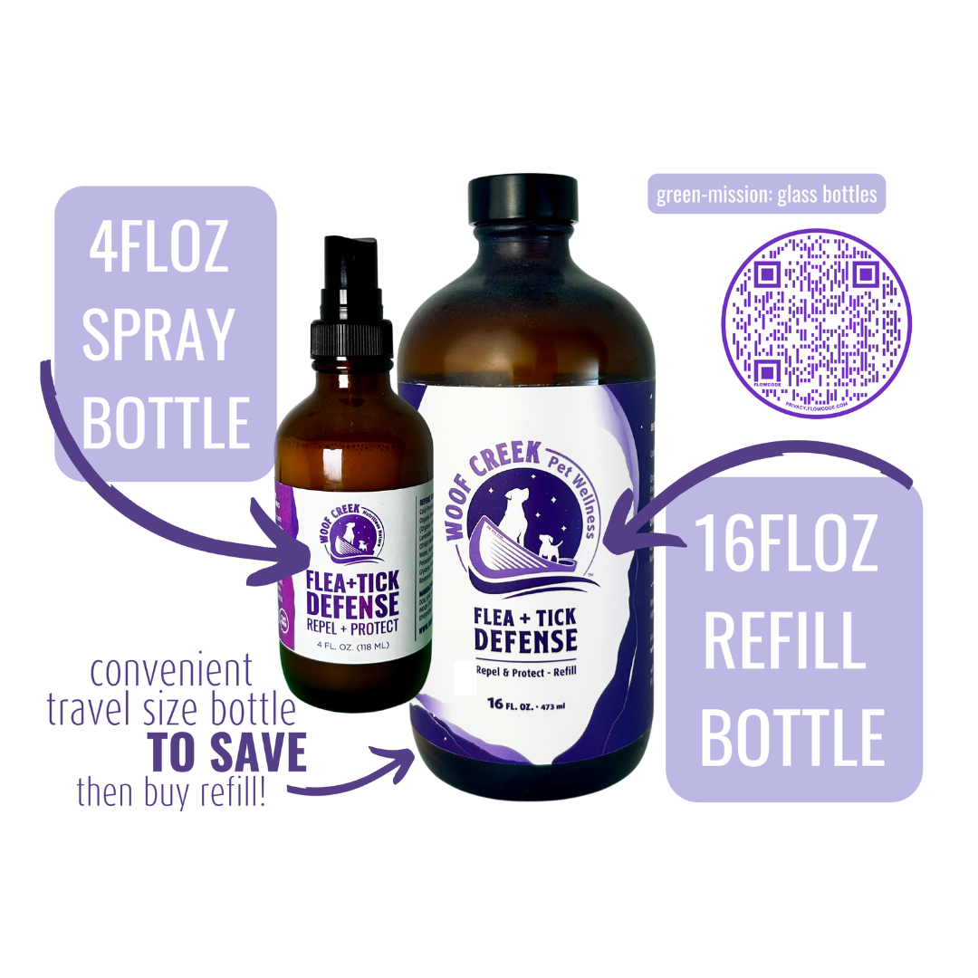Two bottles of Wood Creek Pet Wellness Flea & Tick Defense with labels and text indicating bottle sizes and features.