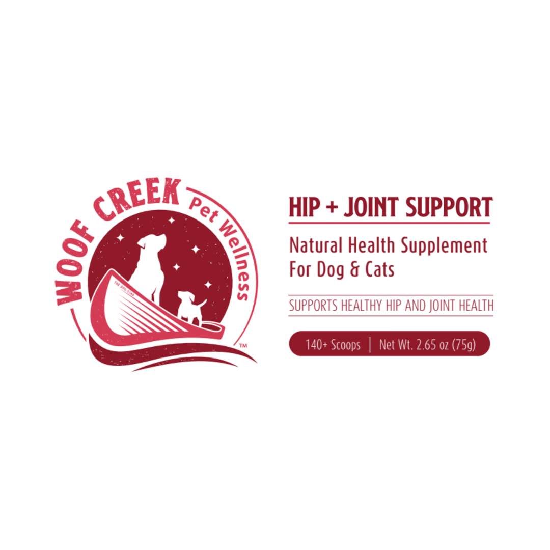Woof Creek Pet Wellness hip and joint support supplement label on a white background