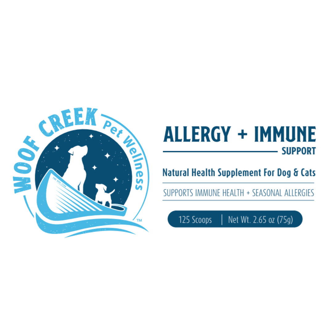 Woof Creek Pet Wellness supplement label for allergy and immune support on a white background