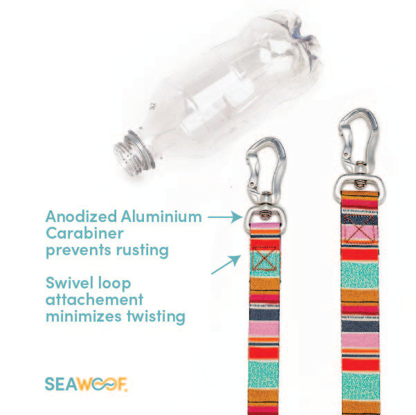 Colorful striped lesshes with an anodized aluminium carabiner on a white background, featuring SEAWOOF branding.