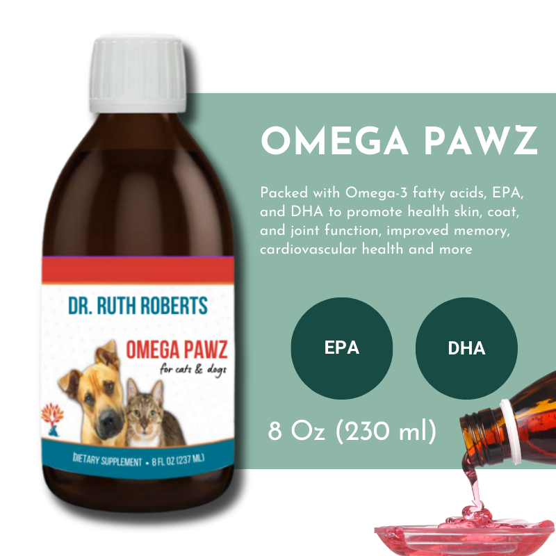 Omega Pawz supplement bottle for cats and dogs with label and product details.