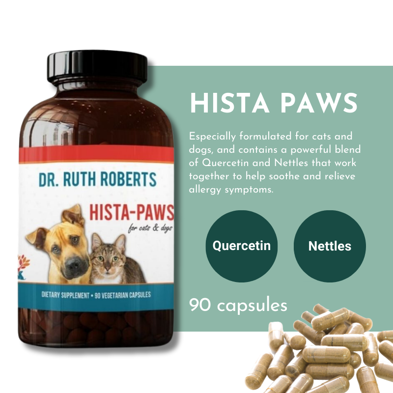 Dr. Ruth Roberts Hista-Paws supplement bottle with capsules on a white background