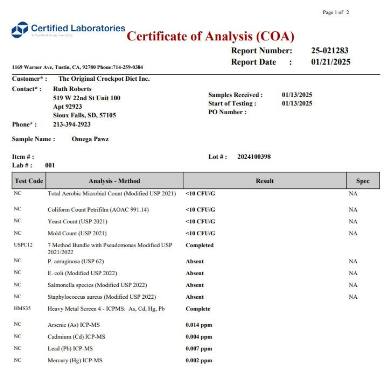 Certified Laboratories Certificate of Analysis (COA) for Omega Pawz product.