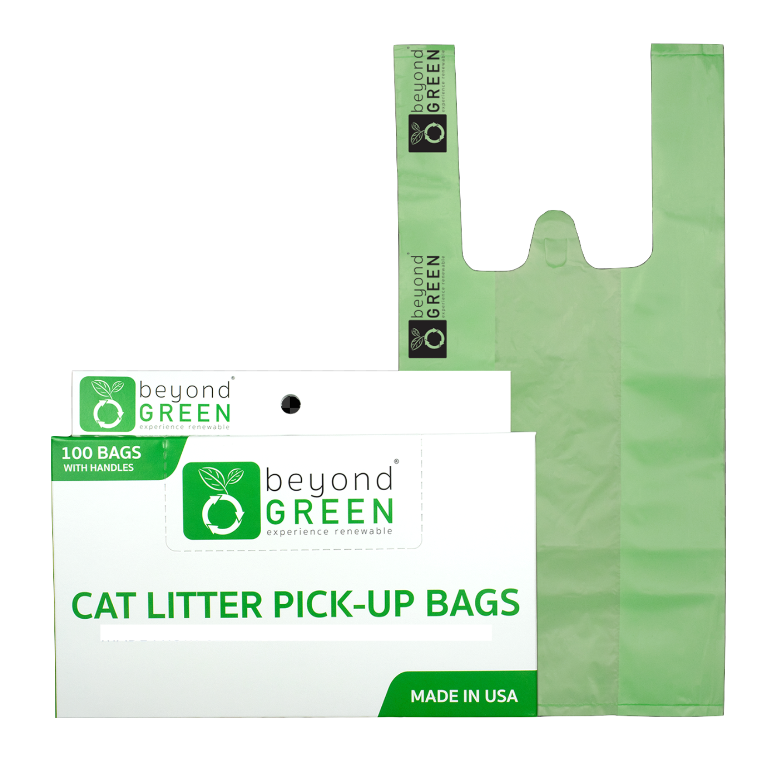 Green cat litter pick-up bags with packaging labeled 'Beyond Green' on a white background.