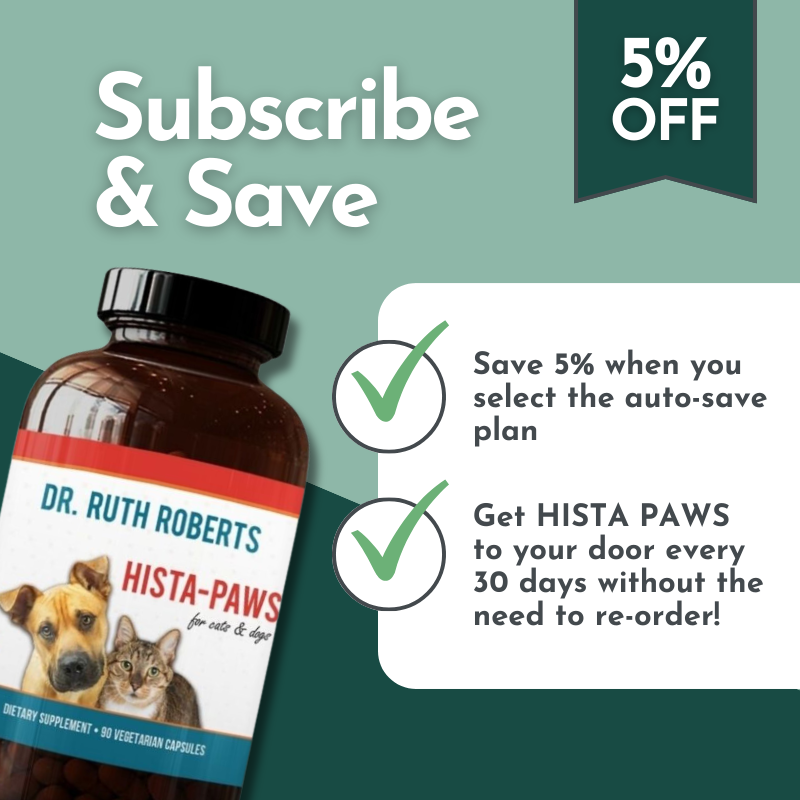 Dr. Ruth Roberts Hista-Paws supplement bottle with promotional text on a green background