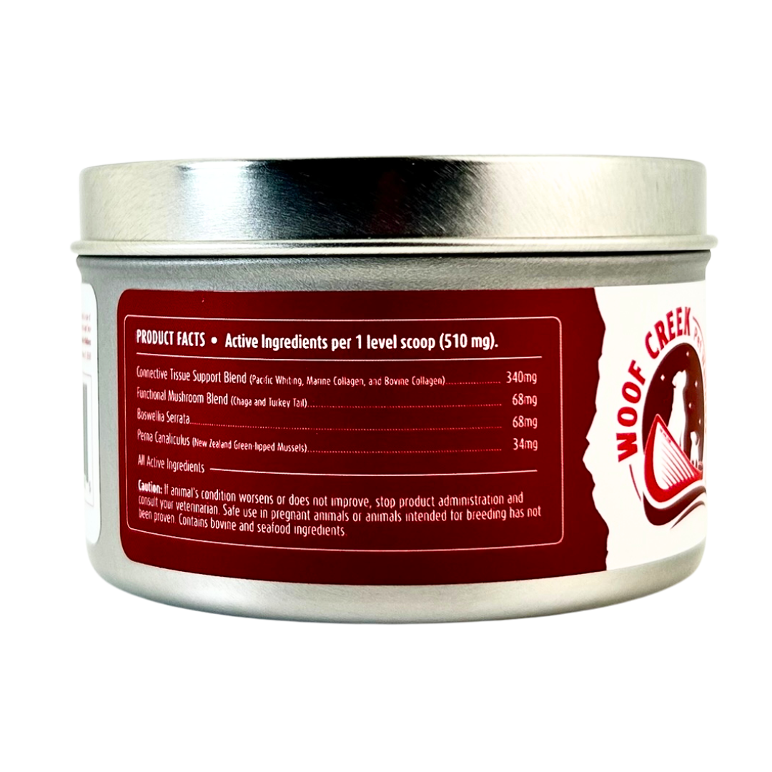 Container with a red label and 'Woof Creek' branding on a white background