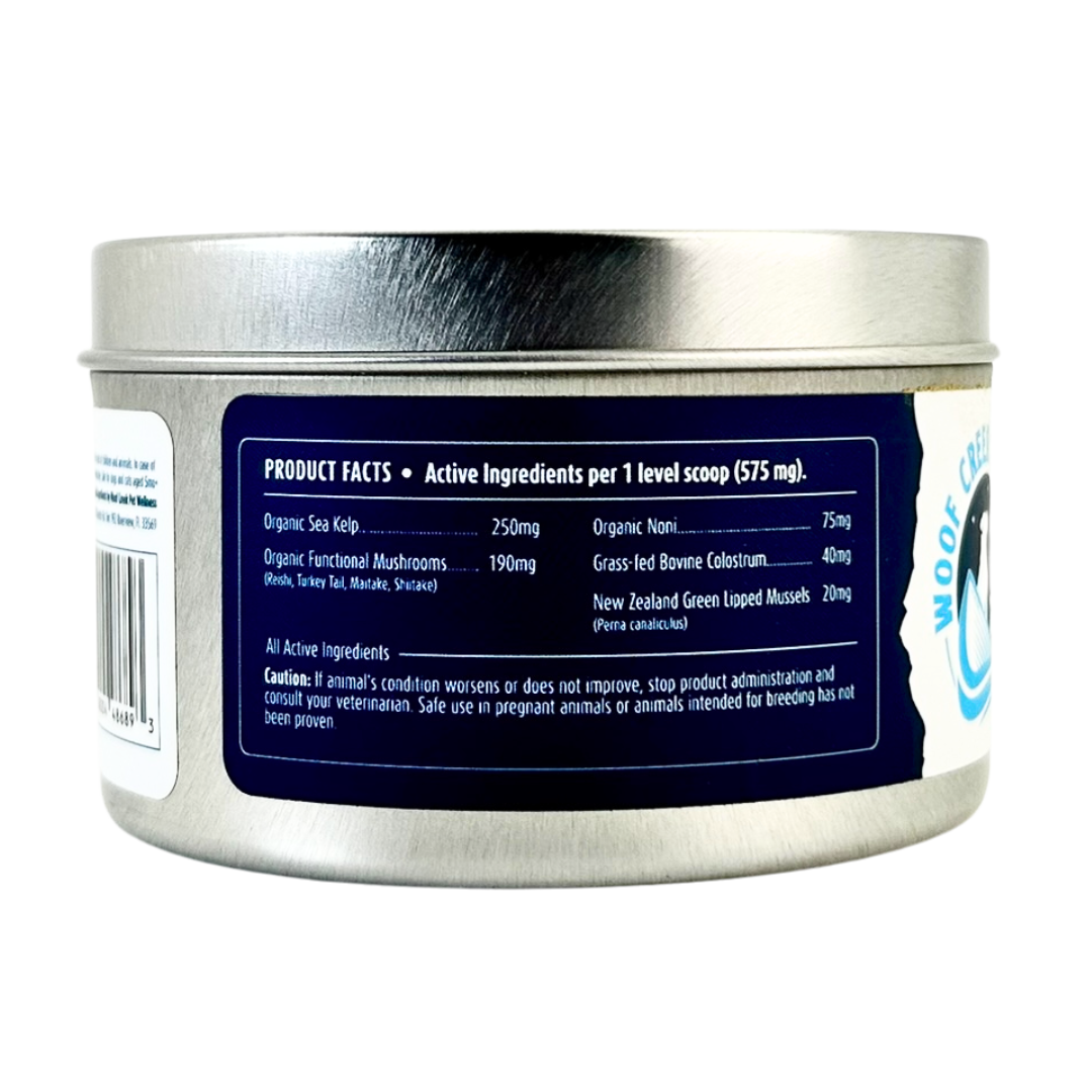 Supplement container with label showing product facts on a white background