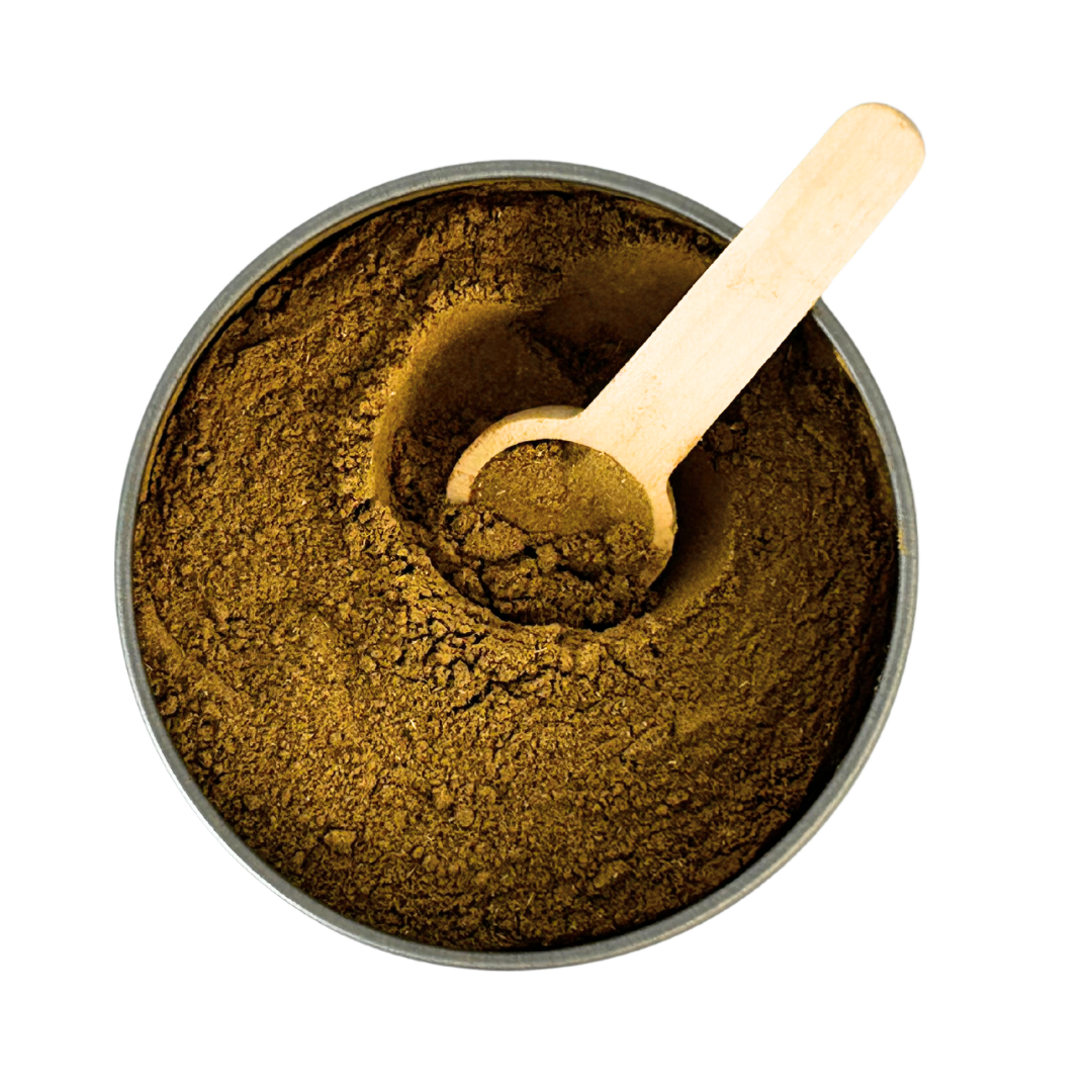 Metal bowl filled with green powder and a wooden scoop on a white background