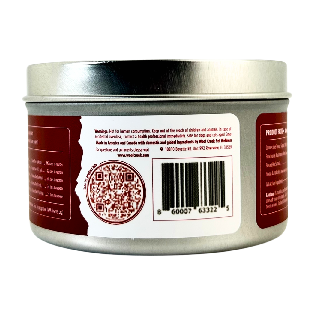 Back view of a cylindrical container with a label featuring a QR code and text.