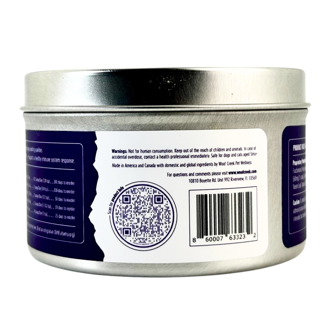 Back view of a cylindrical container with a label featuring a QR code and text.