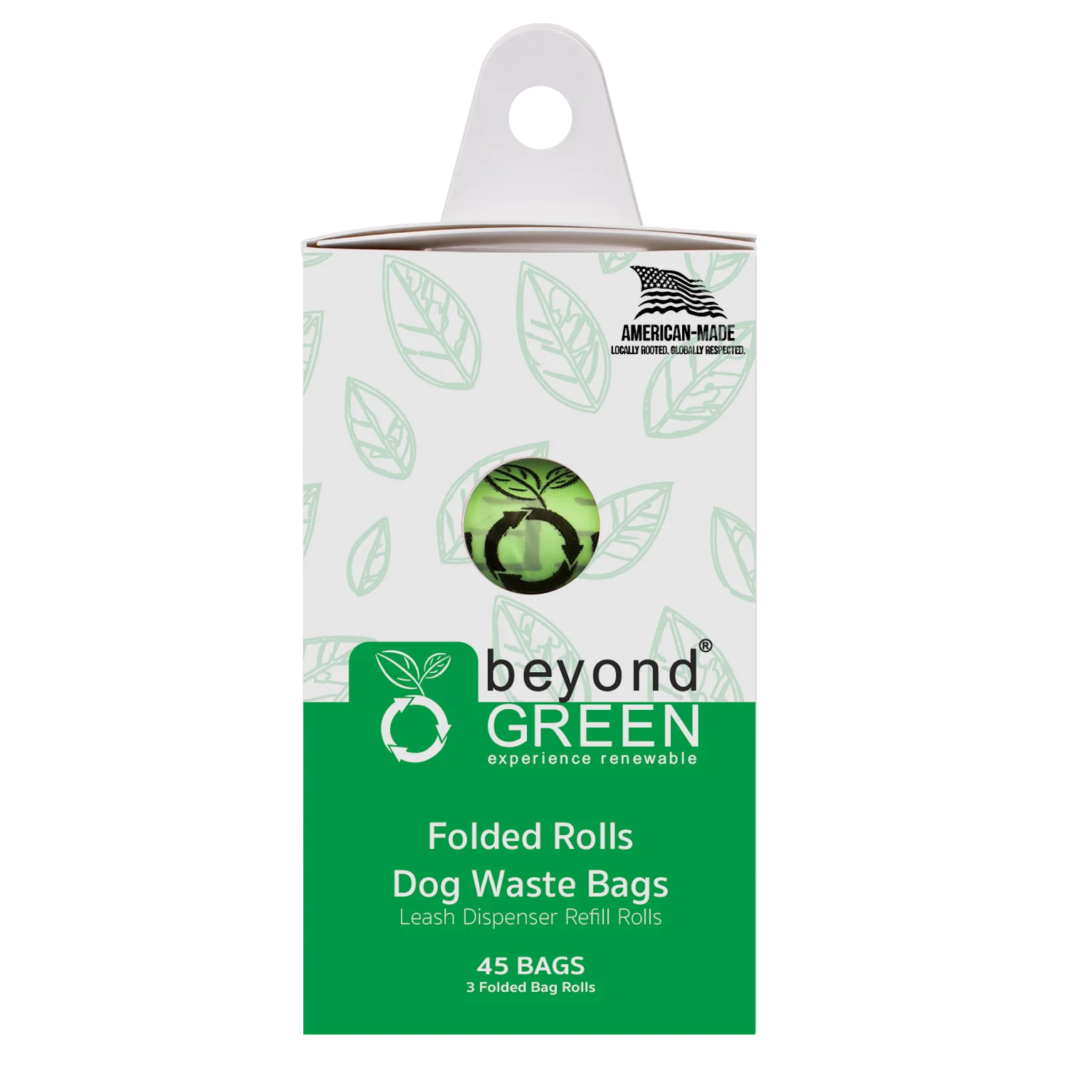 Box of Beyond Green dog waste bags with green and white design