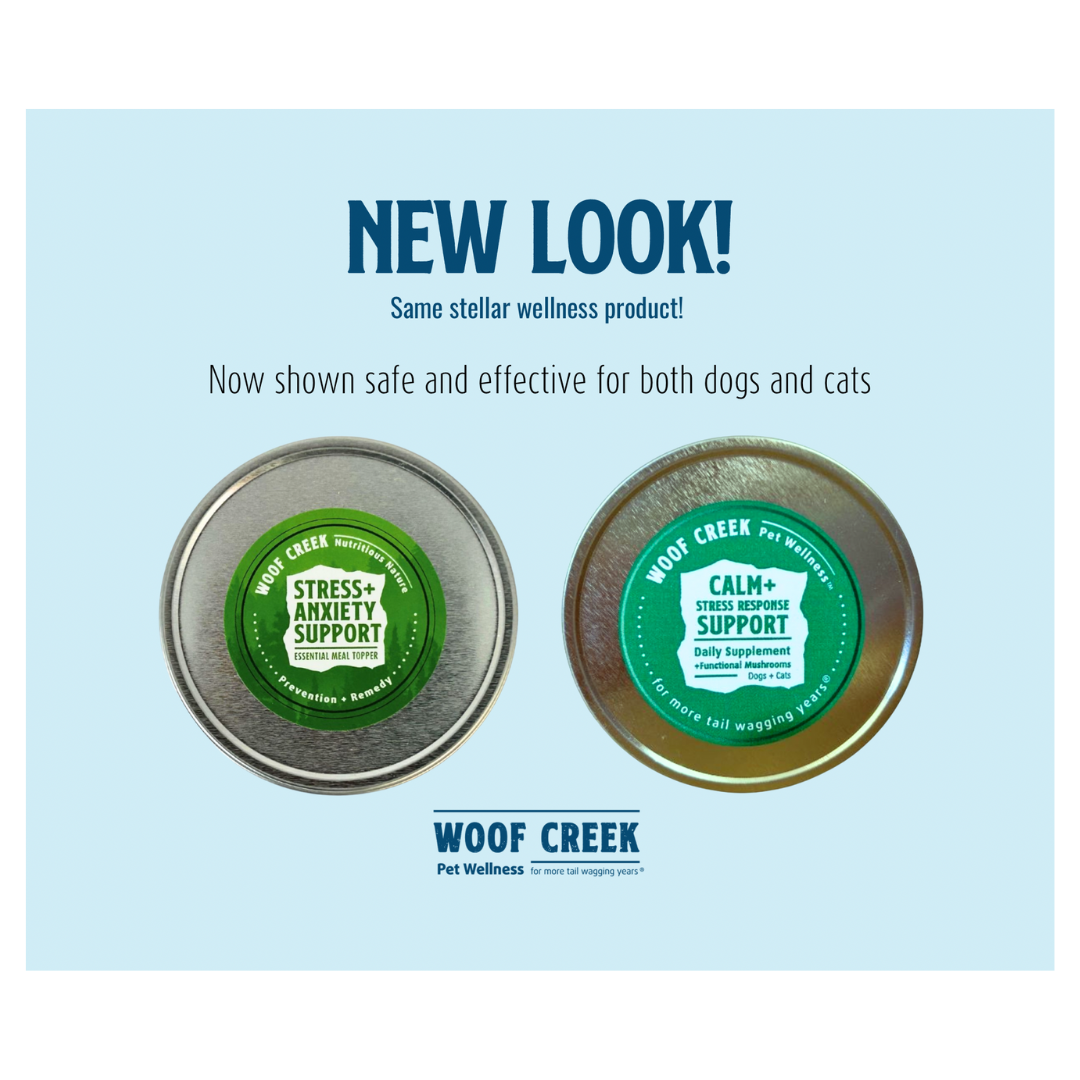 Two Woof Creek pet wellness product tins on a light blue background with text about new packaging.