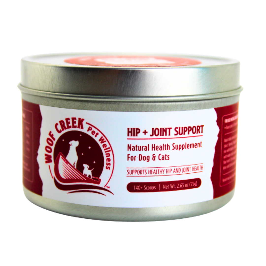 Tin of Woof Creek Pet Wellness Hip + Joint Support supplement for dogs and cats on a white background