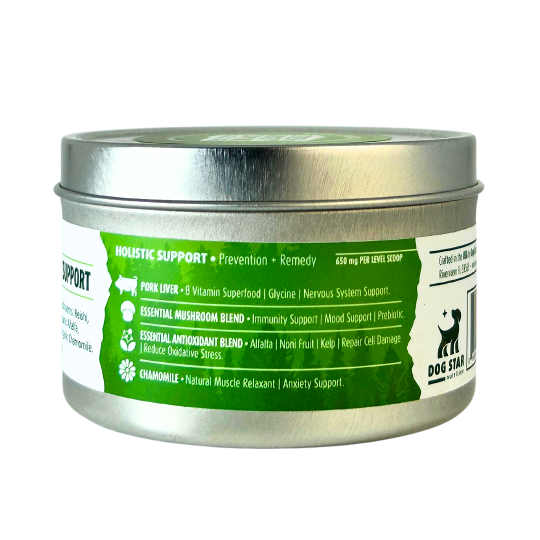 Metal tin with green label on a white background