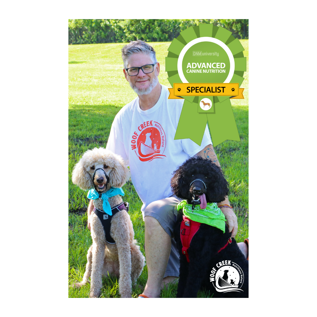 Person with two dogs in a grassy field, featuring a 'Wilde Creek' logo and 'Advanced Canine Nutrition Specialist' badge.