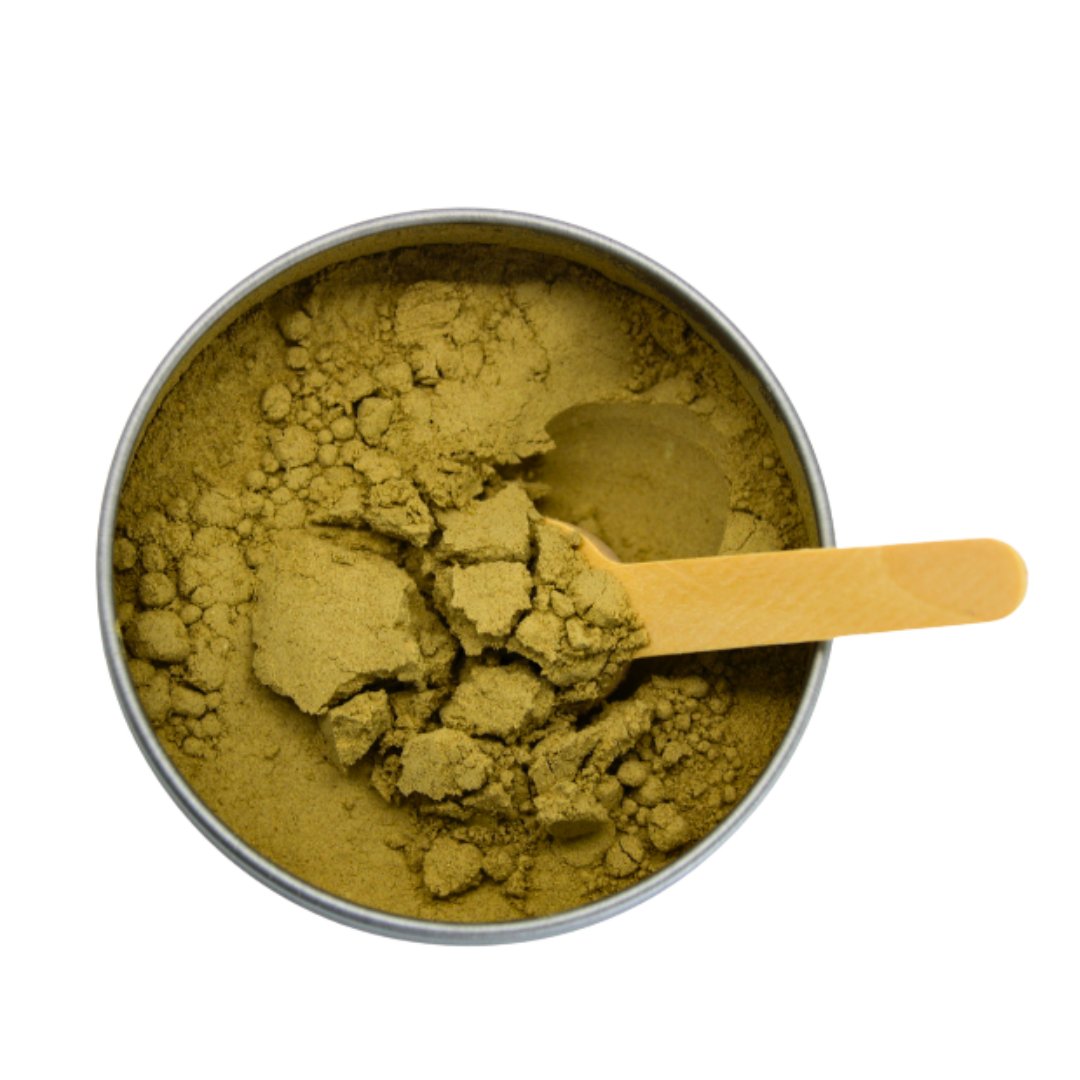 Metal container with green powder and a wooden scoop on a white background