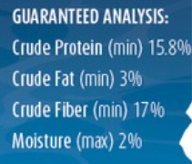 Nutritional label with guaranteed analysis for crude protein, fat, fiber, and moisture content.