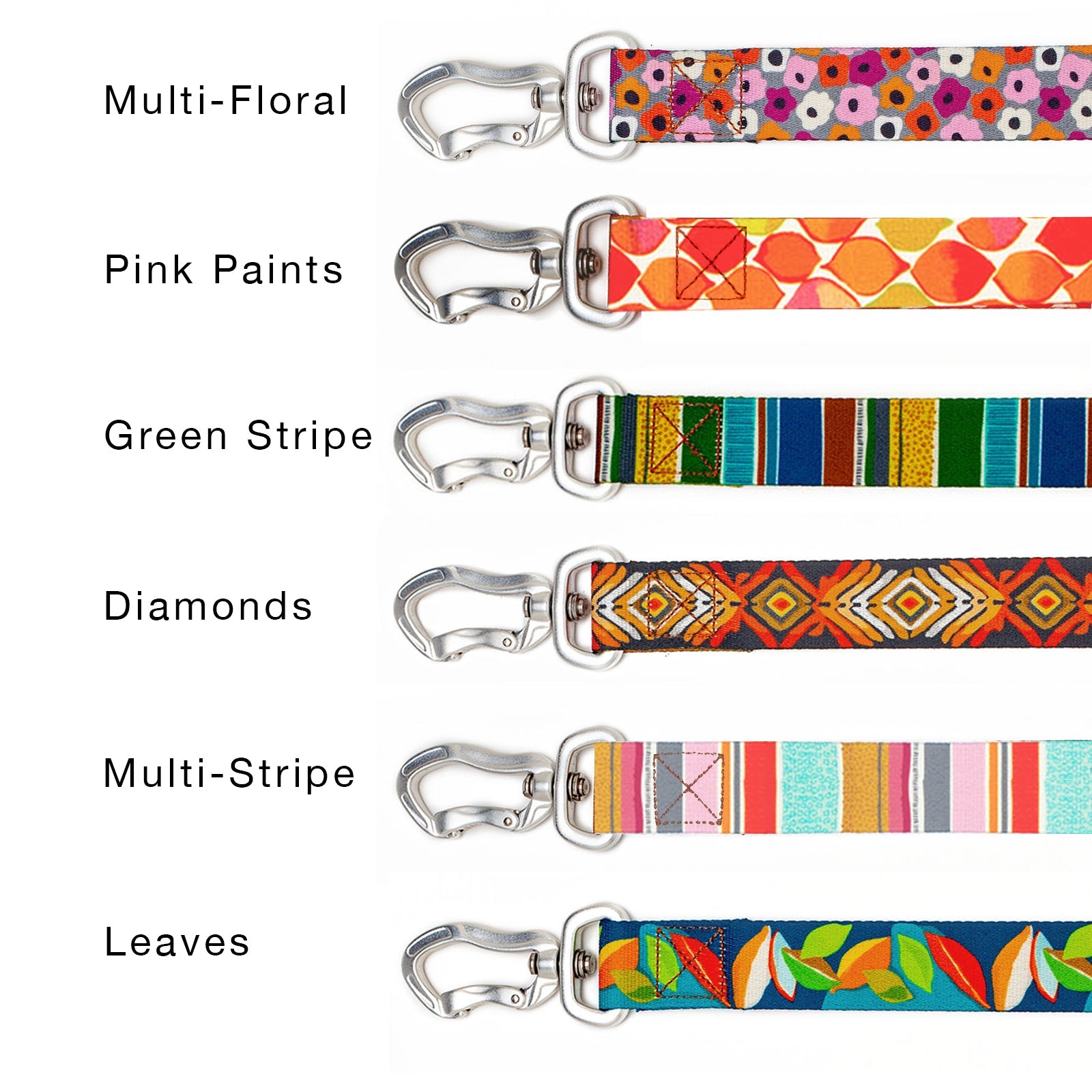 Collection of colorful leash straps with different patterns and designs.