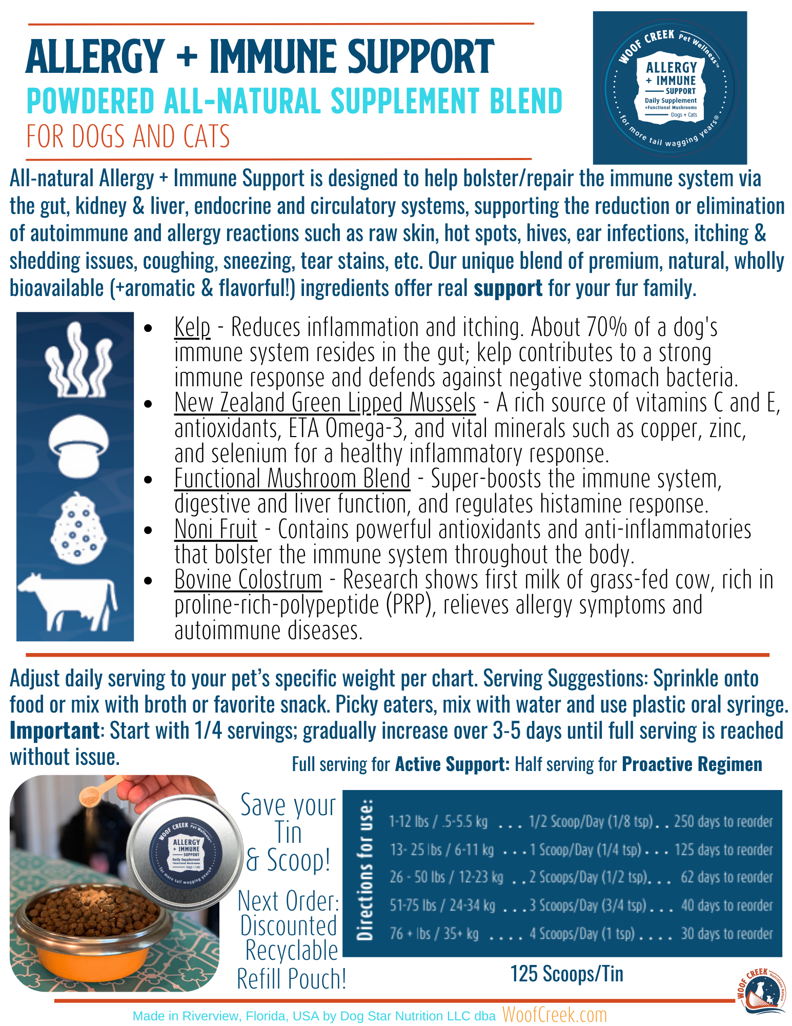 Allergy and immune support supplement blend for pets with text and product images.