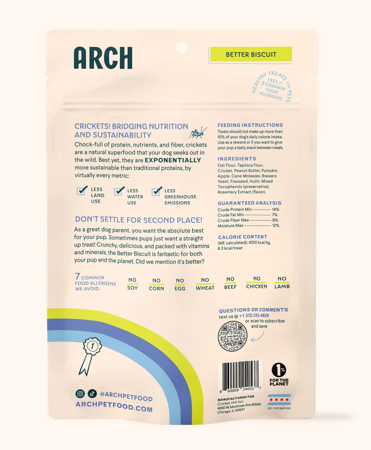 Back of packaging for Arch's hypoallergenic dog bones. Describes their nutrient content.