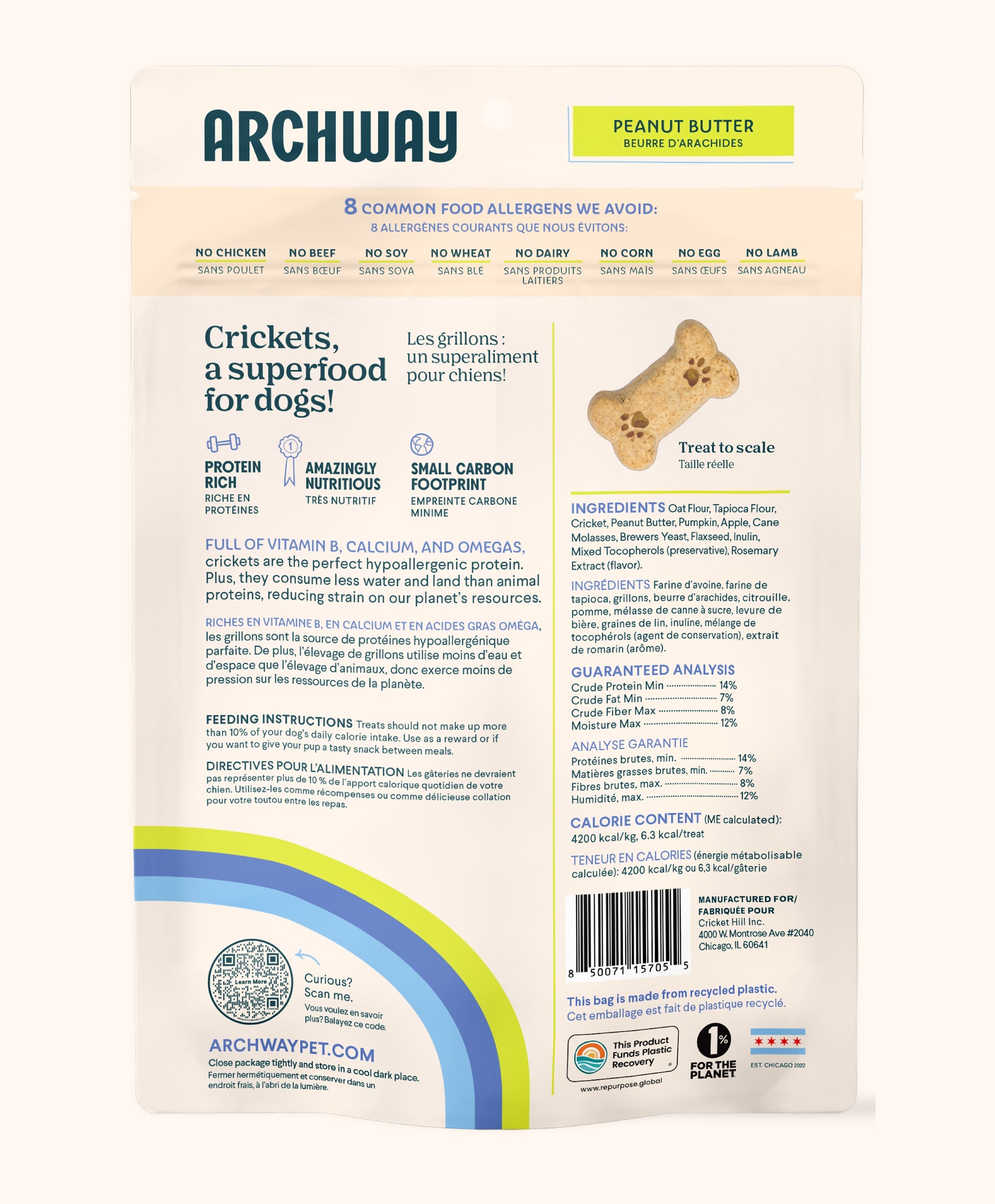 Archway pet food packaging with text and a bar code on a white background