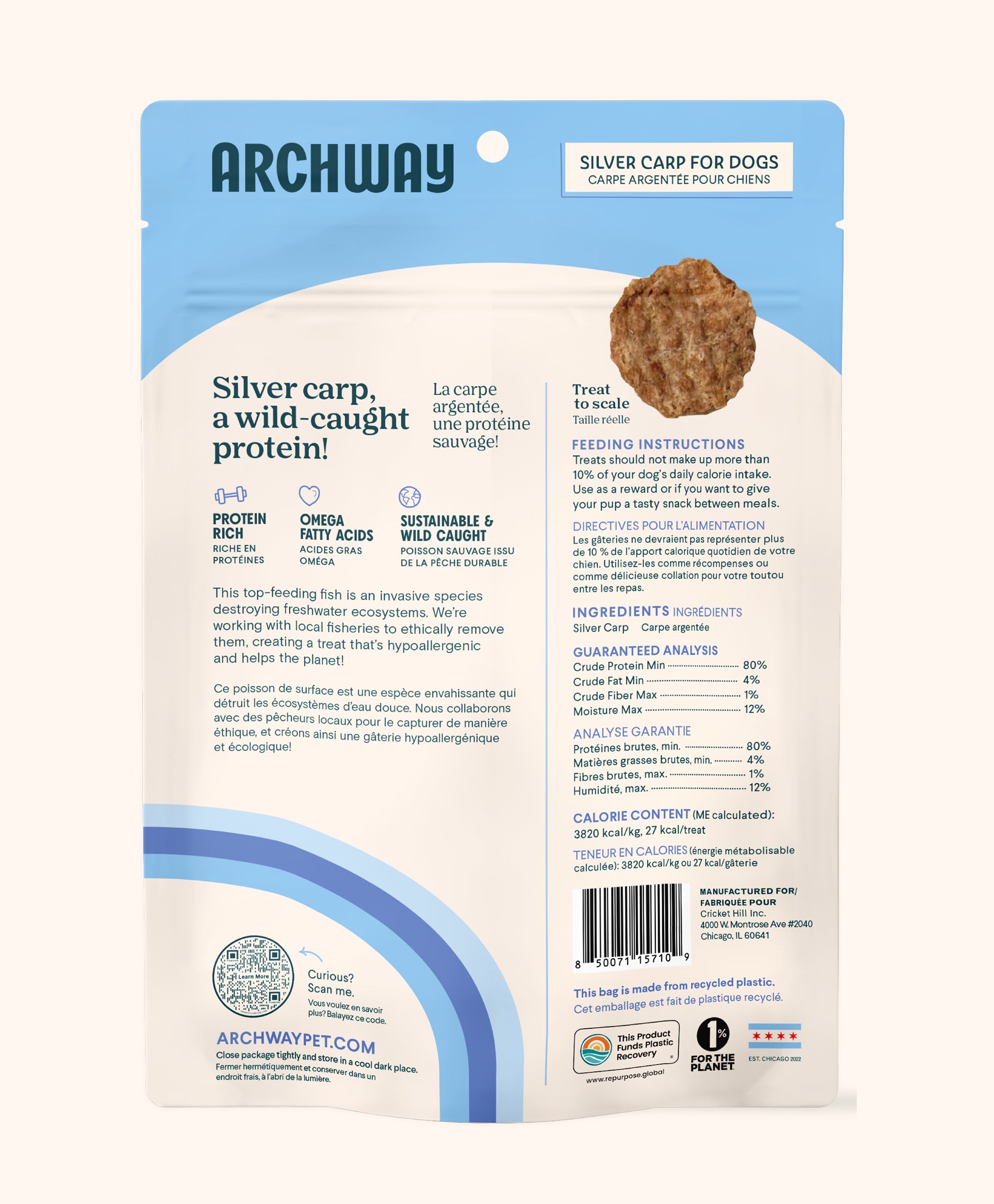 Archway Silver Carp for dogs packaging with text and a dog treat image.