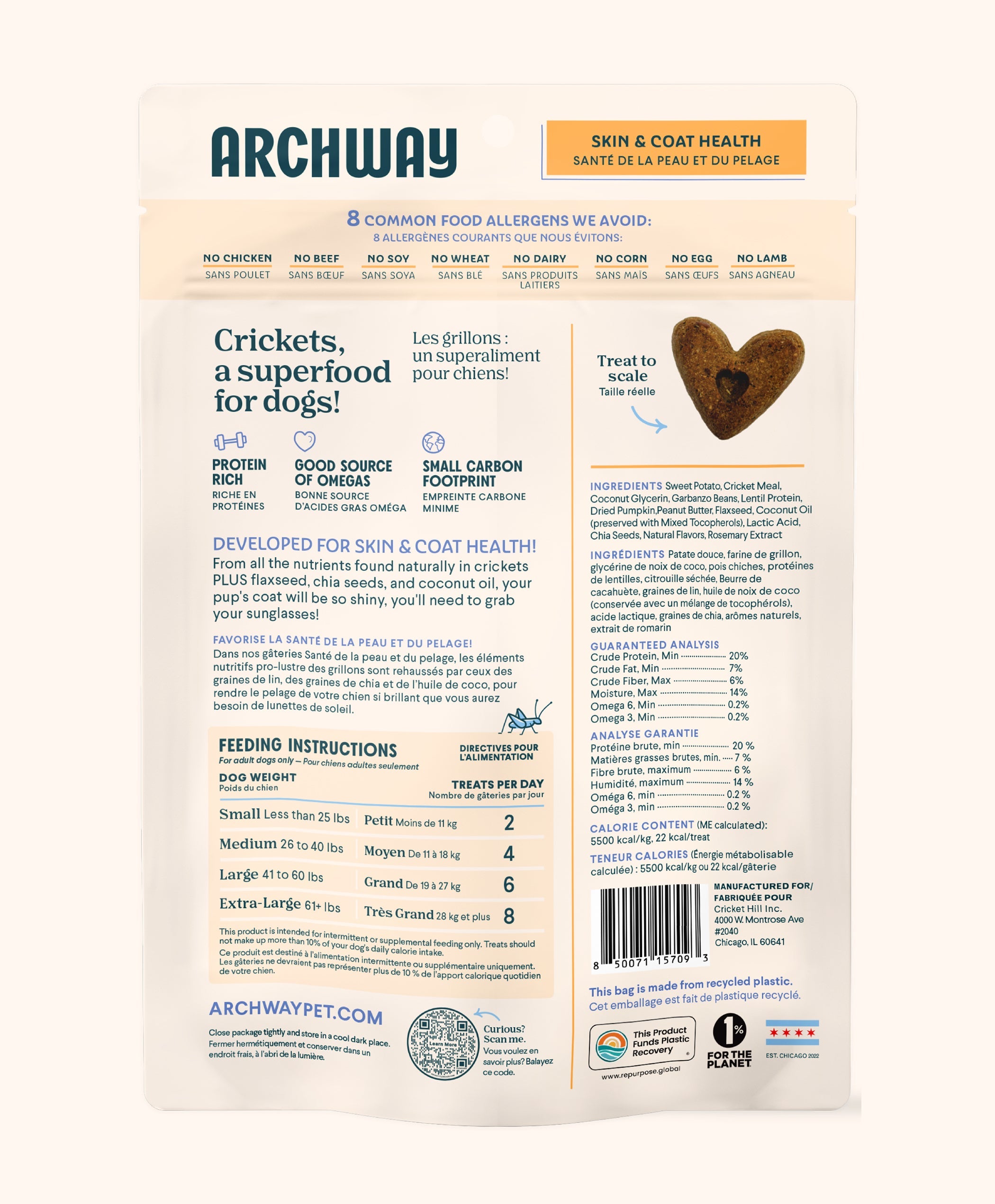 Back of a Archway pet food package focusing on skin and coat health with text and a heart-shaped icon.