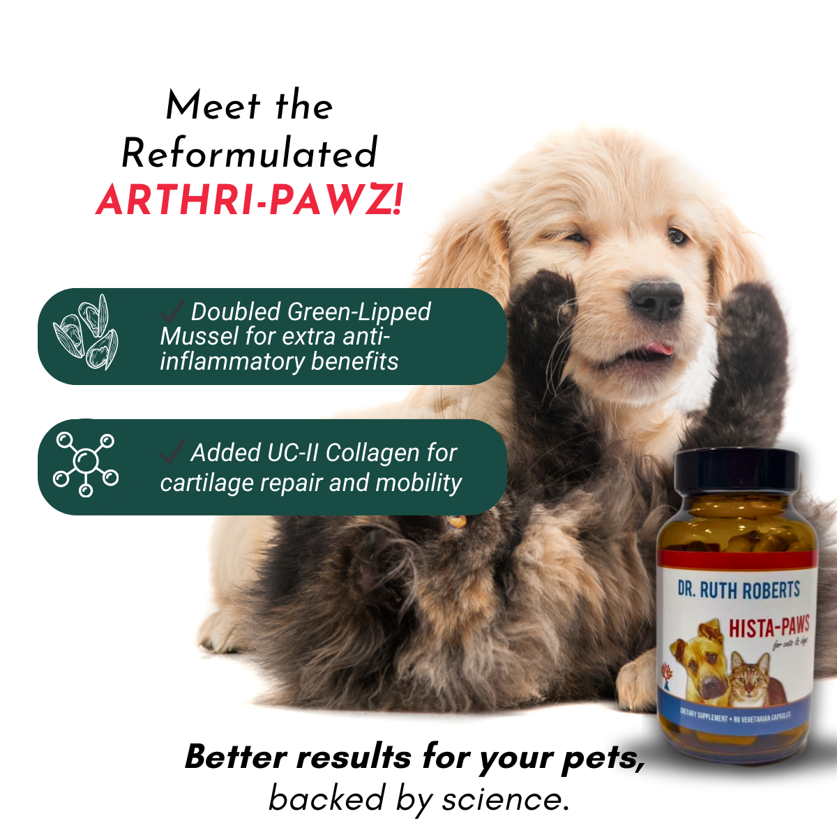 Dog with a bottle of Dr. Ruth Roberts Hista-Paws supplement on a white background