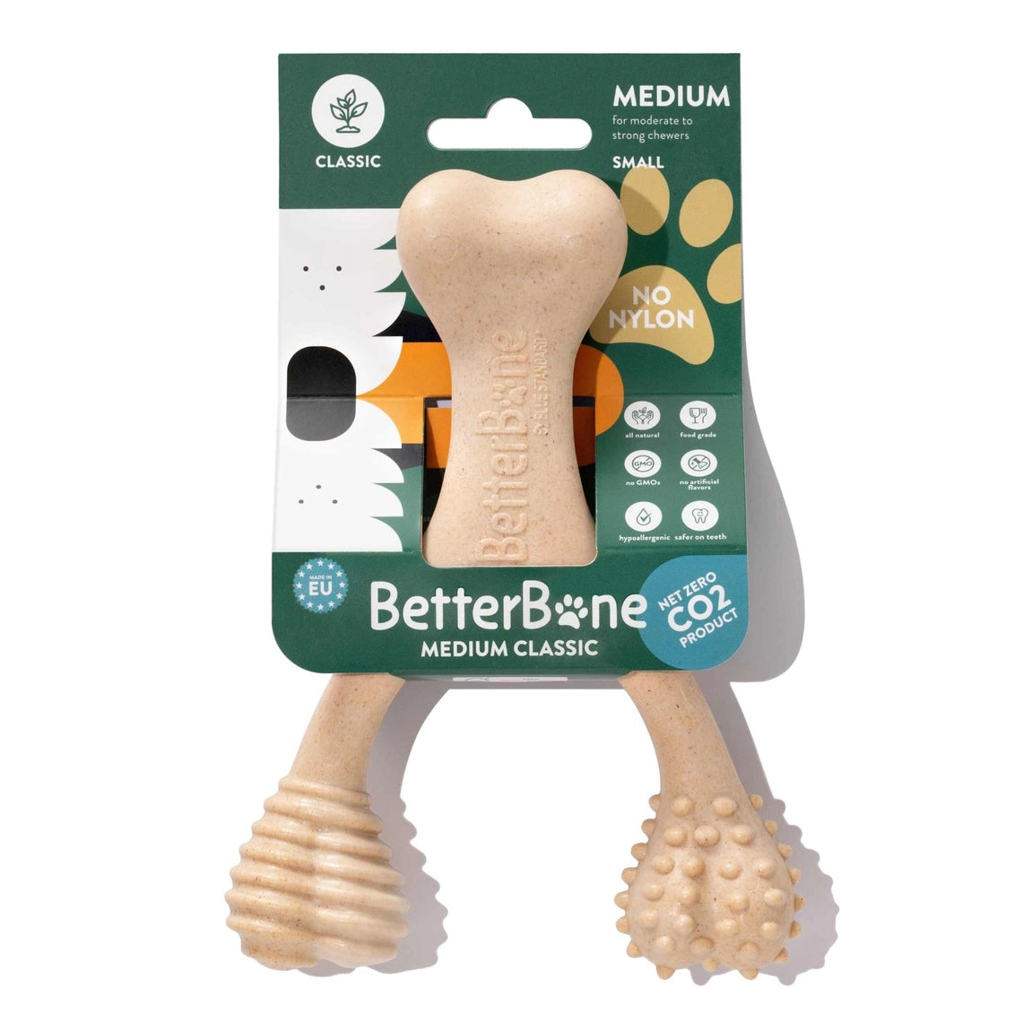 Long Lasting Dog Chews for Moderate Chewers on a white background with a hangtag.