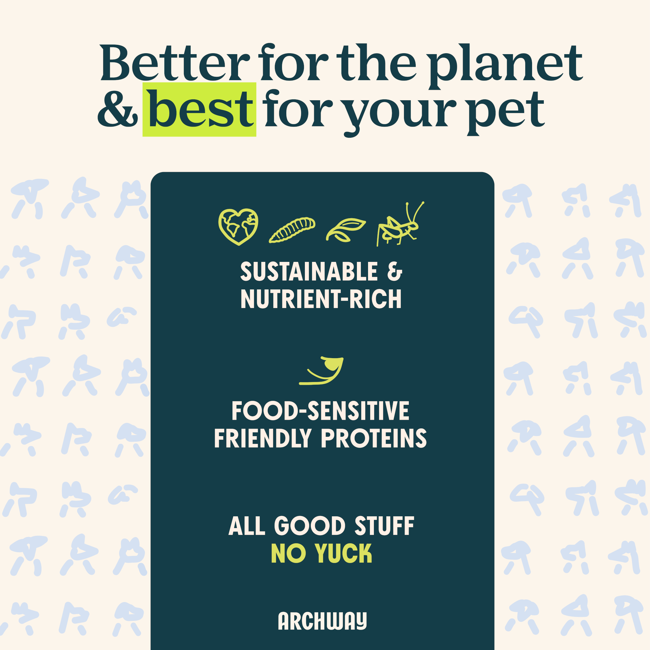 Archway pet food packaging with sustainability and pet health benefits on a light background