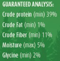 Nutritional label with guaranteed analysis for a product on a green background