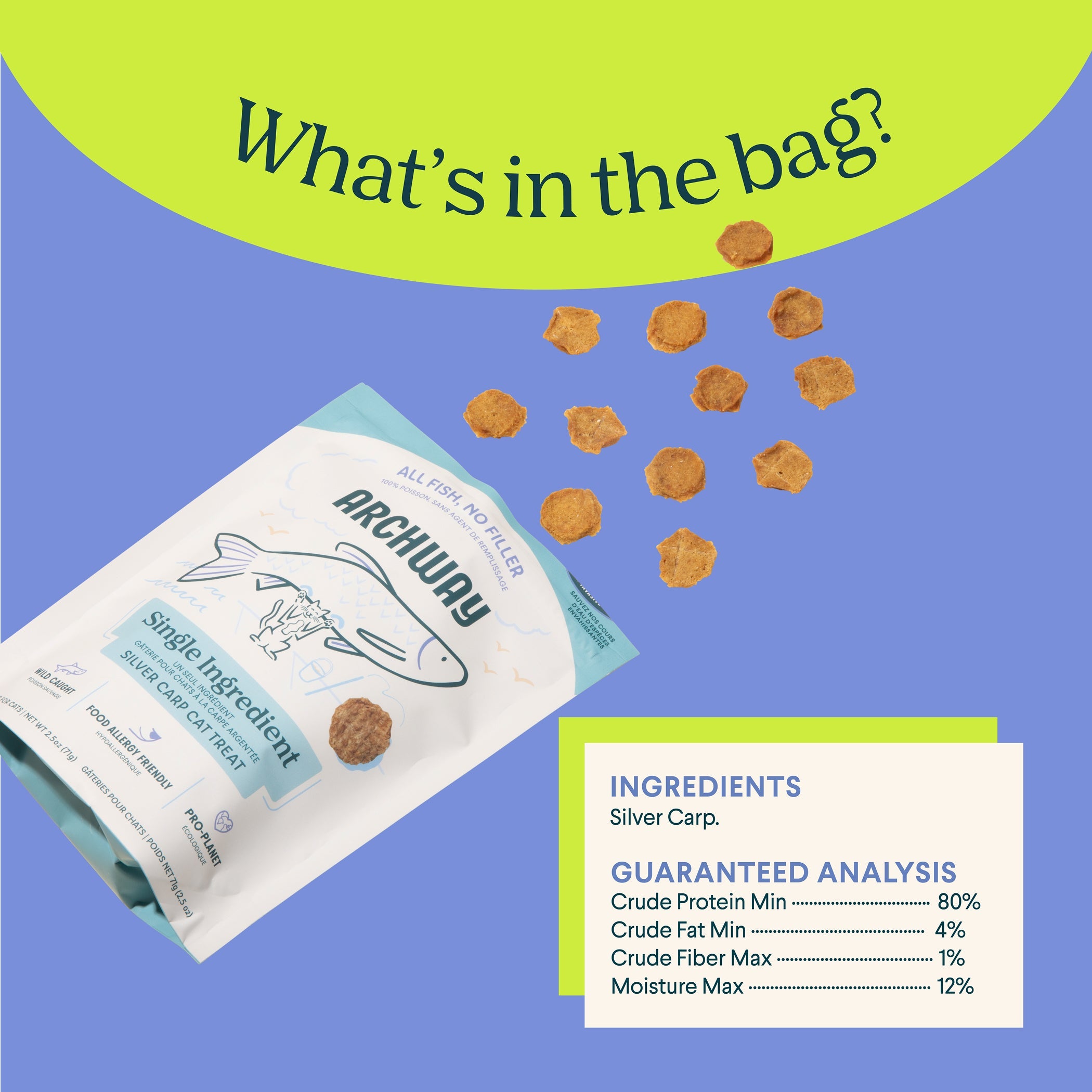 Archway pet food package with ingredients and guaranteed analysis on a blue and green background