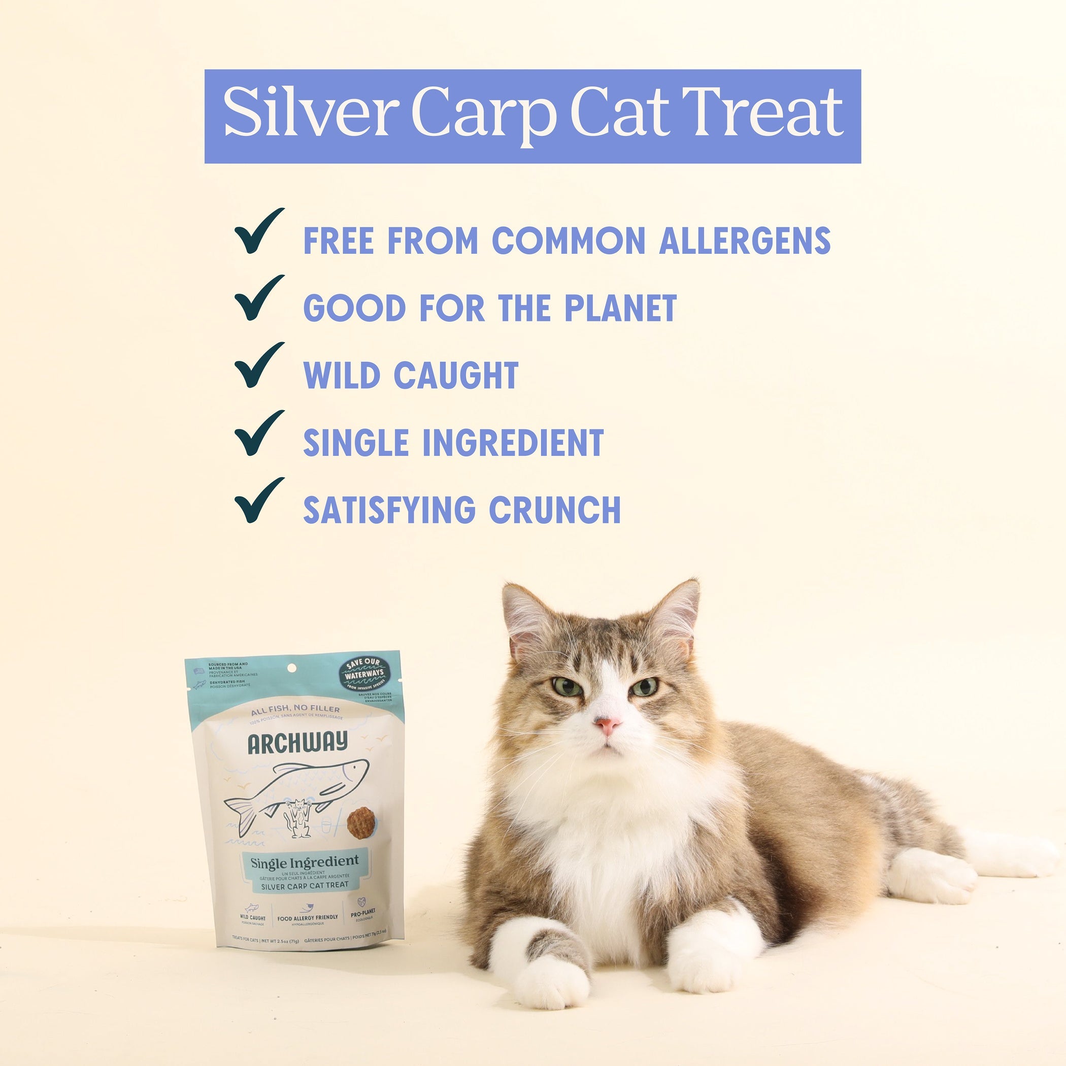 Invasive fish treat packaging with a cat and product description on a beige background