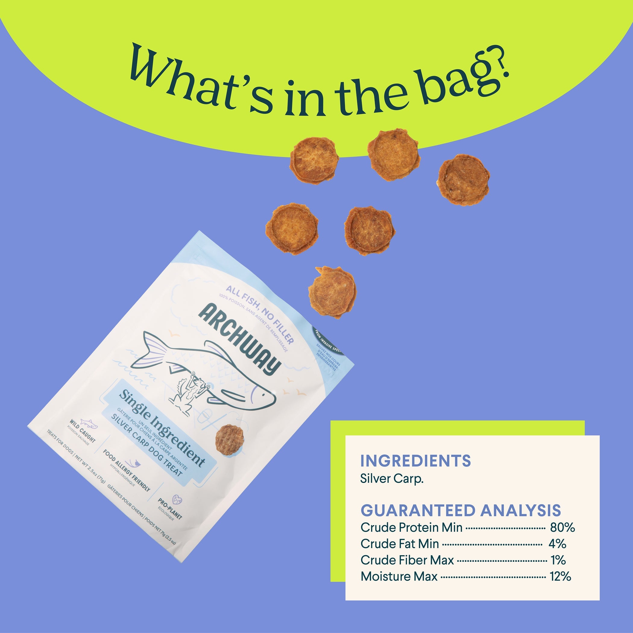 Archway pet food package with ingredients and guaranteed analysis on a blue and green background