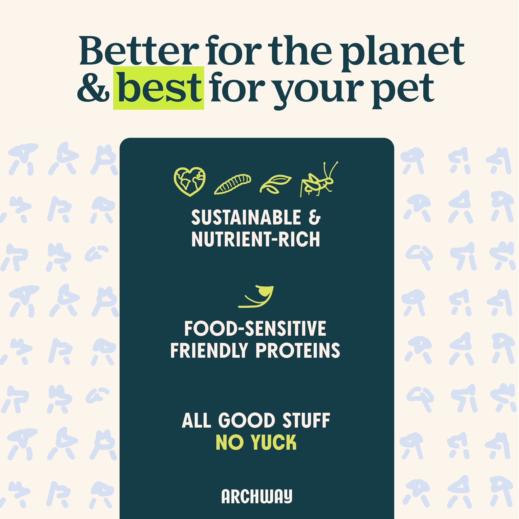 Promotional graphic for Archway pet food with text about sustainability and pet health on a patterned background.