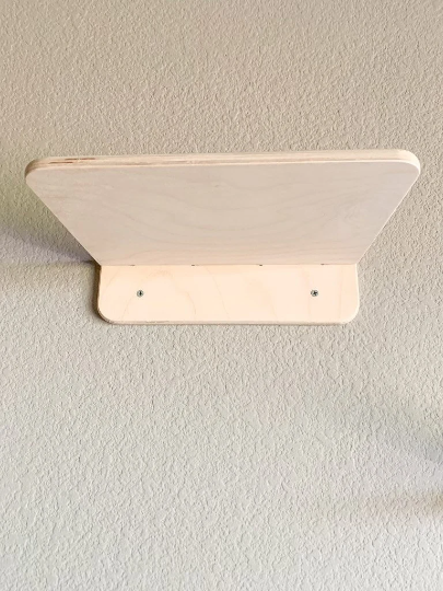 Wooden cat shelf mounted on a plain wall