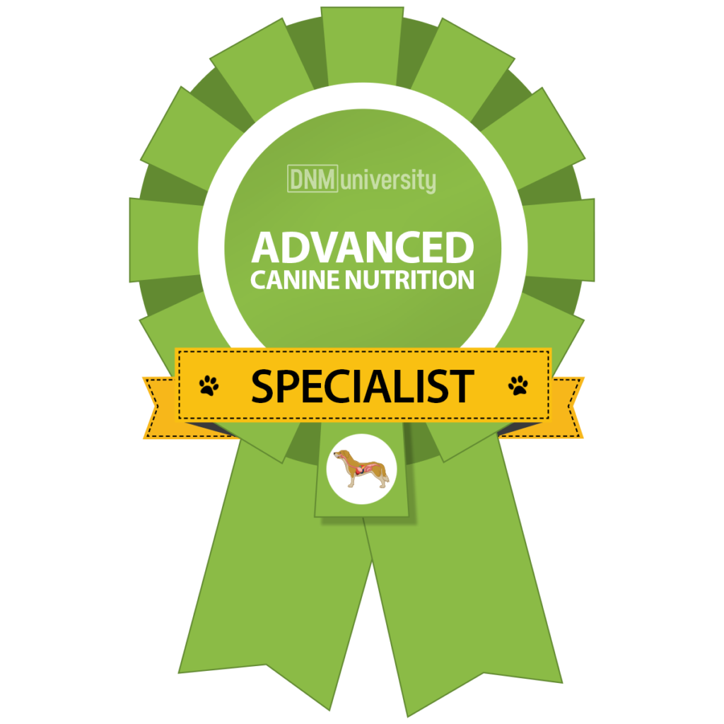 Green ribbon badge with 'Advanced Canine Nutrition Specialist' text on a white background
