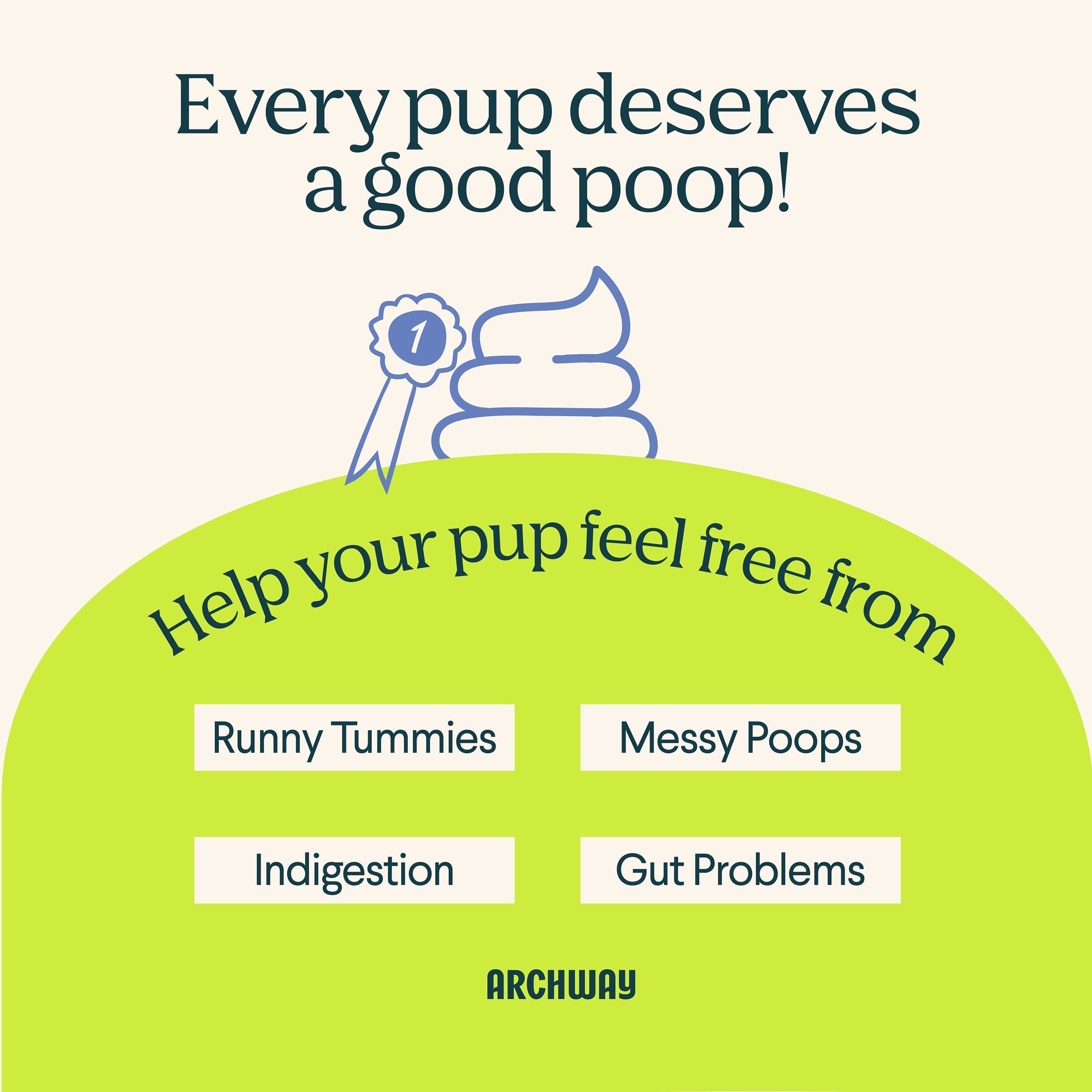 Advertisement for Archway pet products with text and a paw print icon on a light green background.