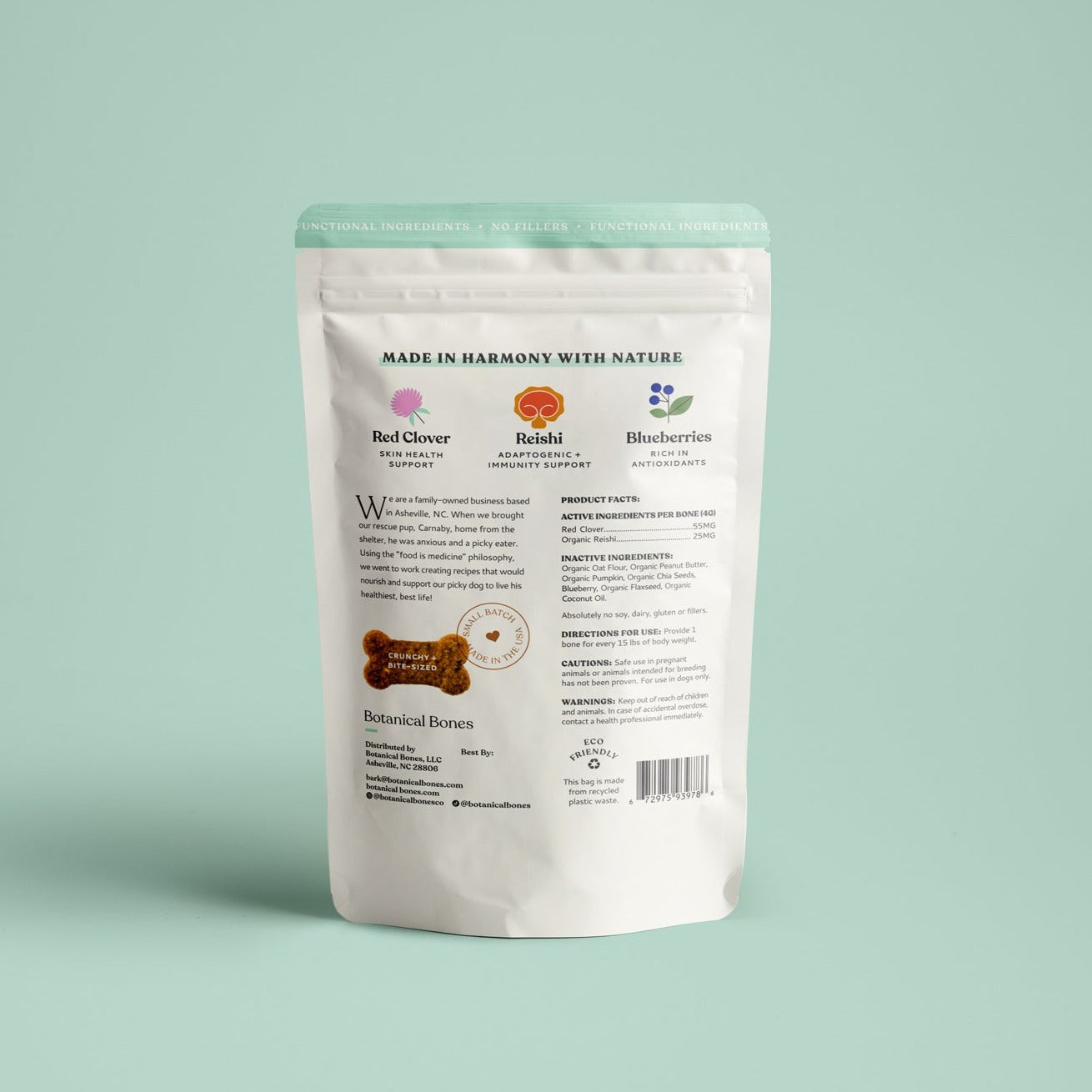 White product packaging with text about immune boost for dogs on a light green background