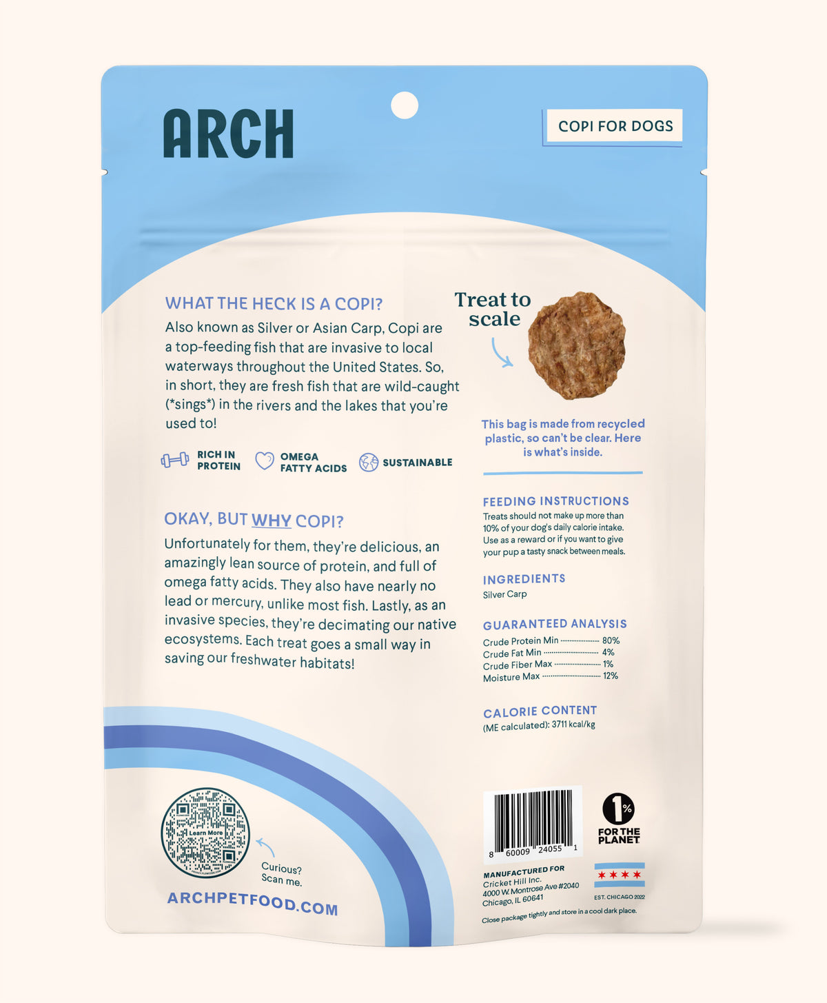 back of the bag for Arch's dog treats for skin allergies. 