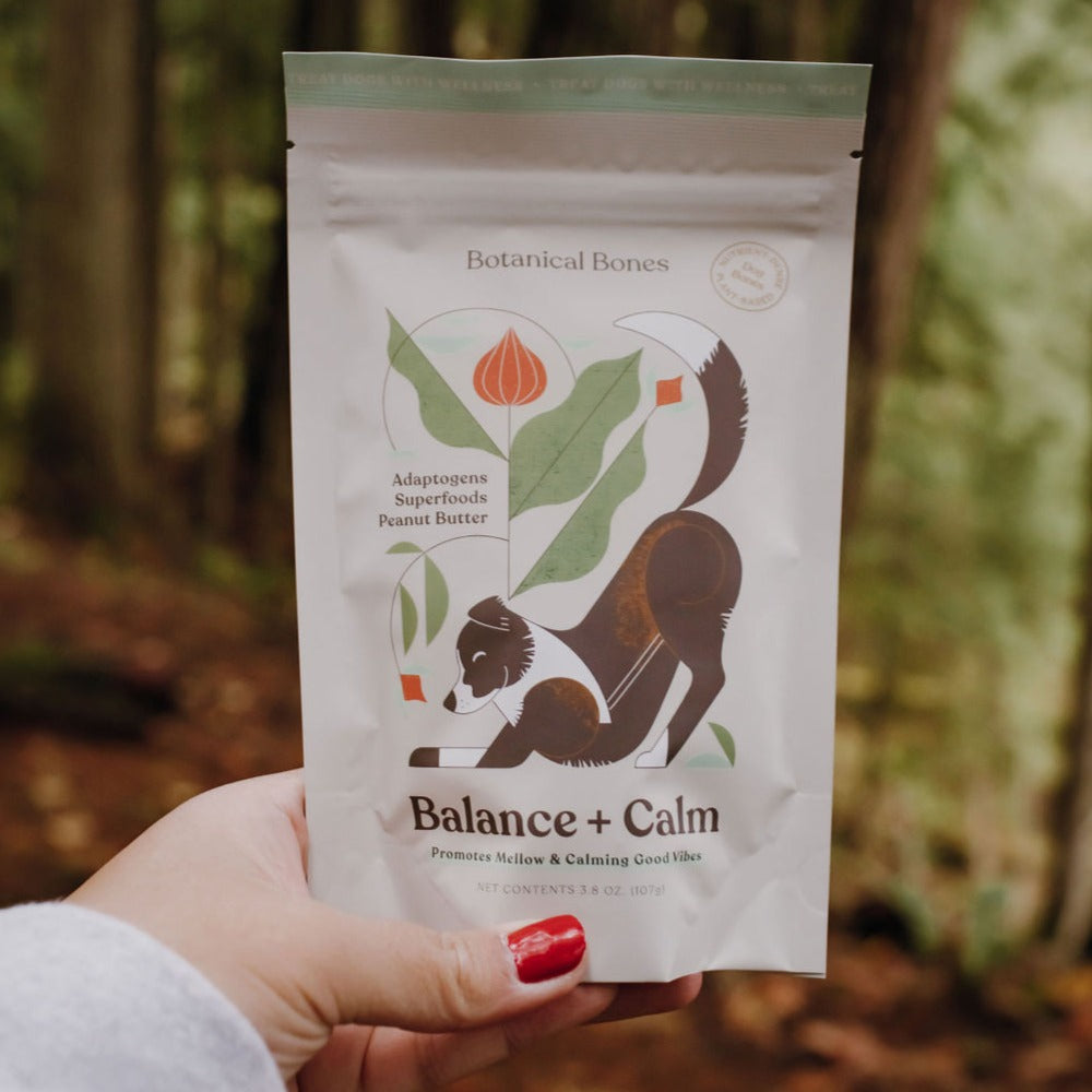 Hand holding a 'Balance + Calm' package with botanical design against a blurred forest background