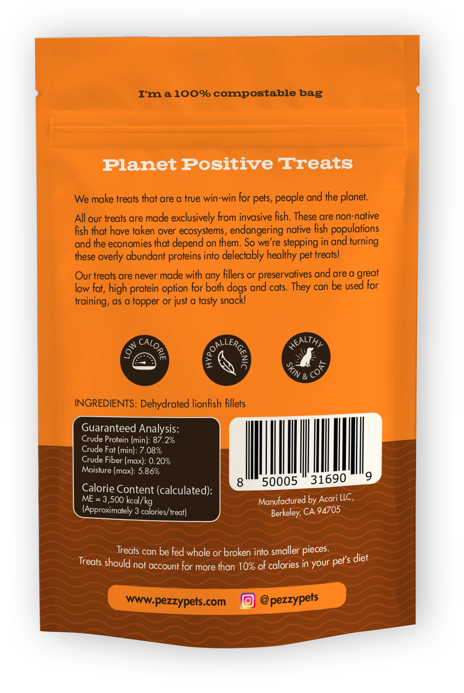 Back of a Pezzy invasive fish treats packaging with text and icons on an orange background