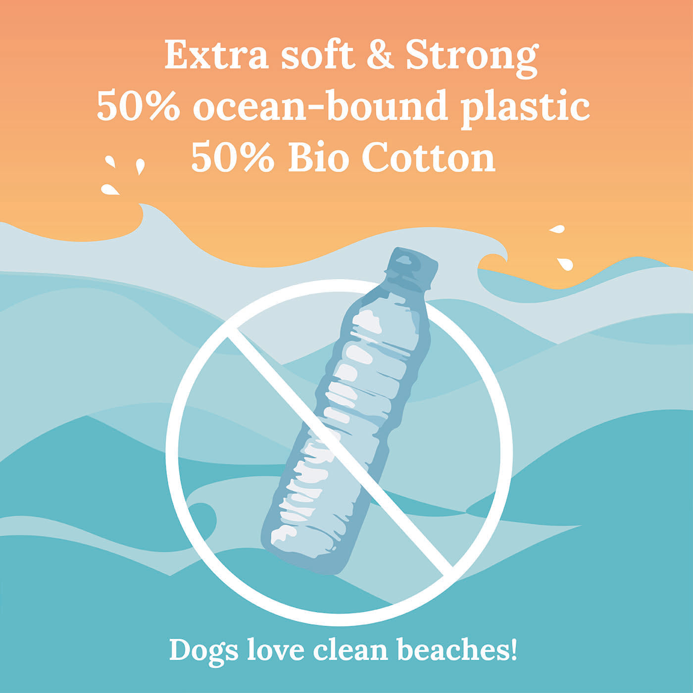 Product packaging with a plastic bottle illustration and text about ocean-bound plastic and bio cotton, set against a beach background.