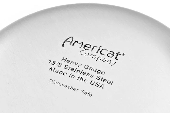Close-up of a metallic bowl with 'Americat Company' branding and product details like 18/1 stainless steel.