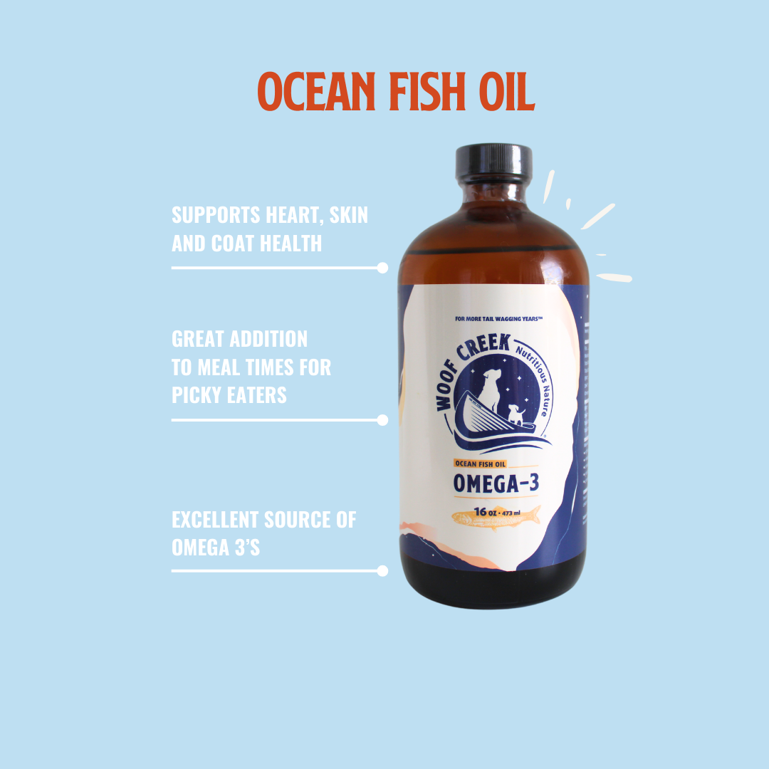 Bottle of Wood Creek Ocean Fish Oil with text on a light blue background